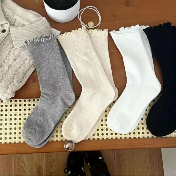4 Pairs Solid Frill Trim Soft Mid Tube Socks - Picture 2 of 7